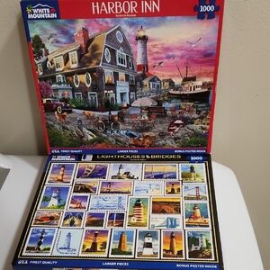2 White Mountain Puzzles Harbor Inn & Lighthouse Bridges Stamps 1000pc Complete